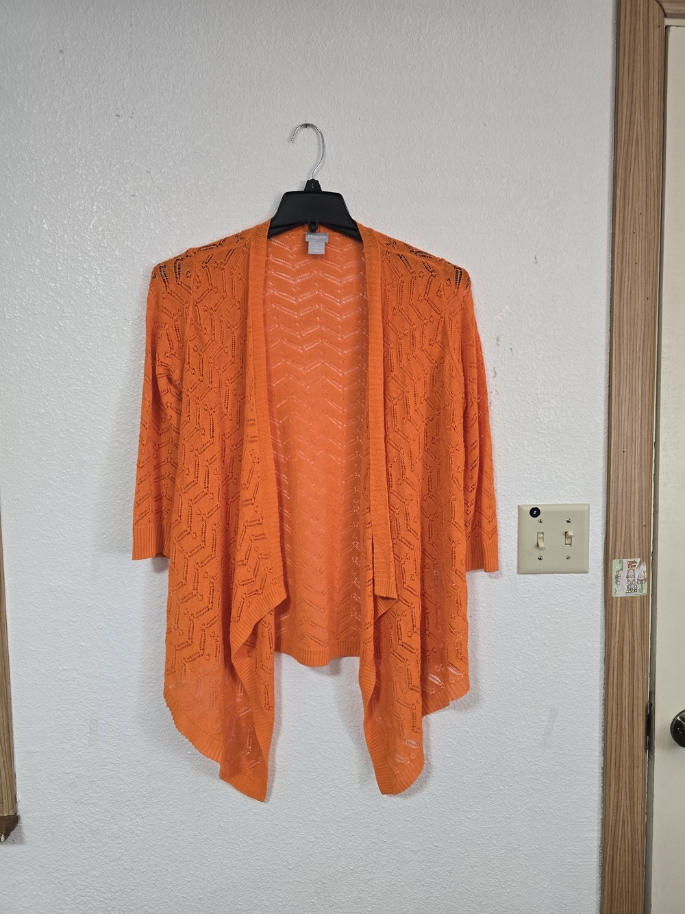 Chico's Bright Orange Open-Front Crochet Cardigan